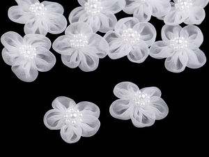 Mini flori aplicate din organza cu mijloc din mărgele strălucitoare, decorațiuni florale pentru cusut sau lipit, ideale pentru îmbrăcăminte, galanterie, lucru manual și accesorii (Ø2.5-3 cm)