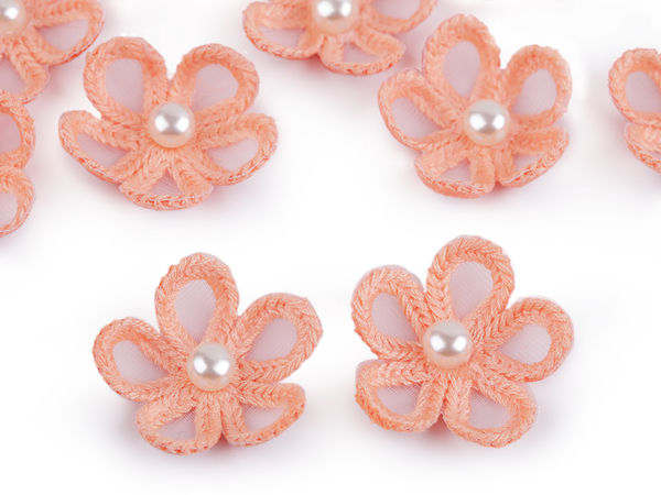 Aplicație decorativă floare din organza cu perlă în centru, Ø 2,5 cm