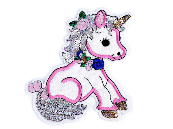 Aplicație termolipiabilă brodată cu unicorn și paiete strălucitoare cu efect AB