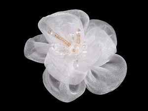 Aplică premium floare din organza albă cu mărgele de sticlă - Floare textilă decorativă de cusut și lipit (Ø 6-7 cm)
