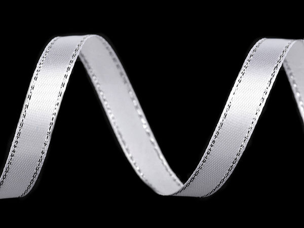 Panglică premium din satin cu margine strălucitoare din lurex - 6mm x 5m, alb și argintiu