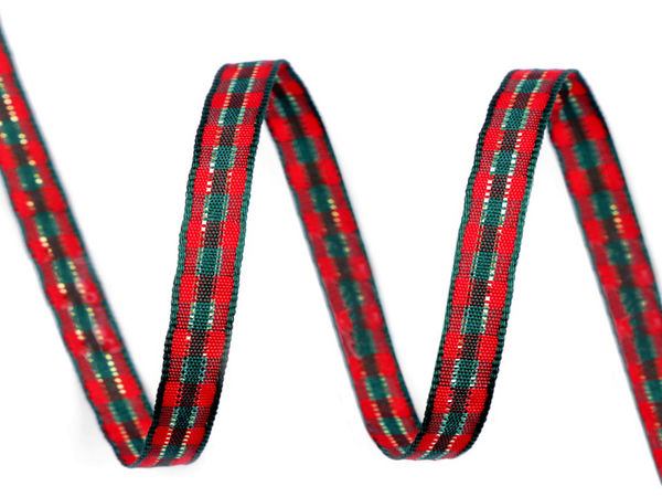Panglică de Crăciun cu carouri scoțiene roșu și auriu cu lurex (6mm) - Panglică decorativă strălucitoare cu două fețe pentru cusut, ambalat cadouri și decorațiuni festive de sărbători