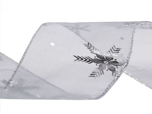 Panglică premium din organza chiffon cu imprimeu metalizat de Crăciun, model fulgi de nea și margine din lurex, 60mm