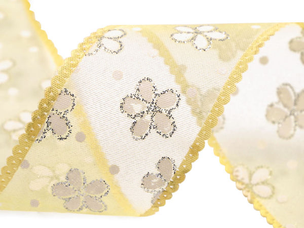 Panglică din organza cu model floral, sclipici și margine din satin, 40 mm – Panglică decorativă translucidă elegantă
