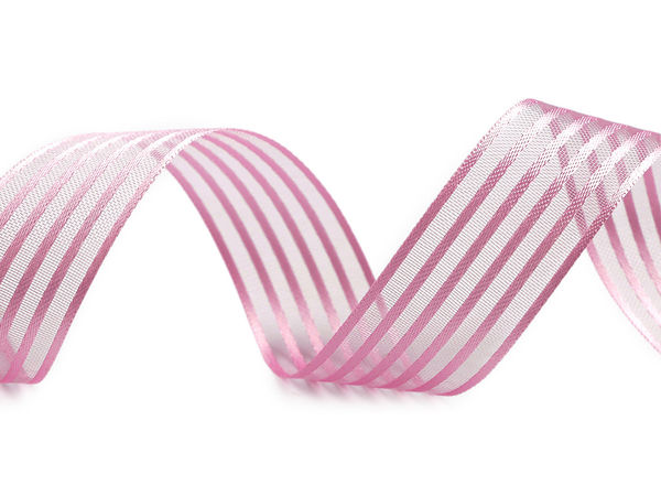 Panglică din satin și organza cu două fețe, cu monofilament (Lățime 25 mm) - Panglică premium cu dungi semitransparente pentru proiecte de lucru manual, floristică și ambalare cadouri
