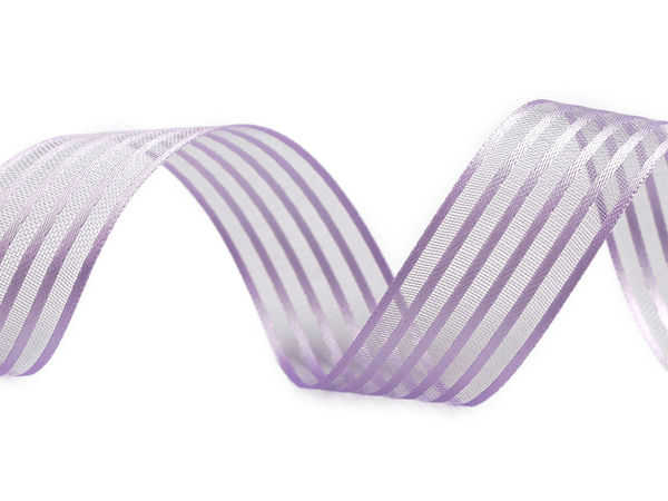 Panglică din satin și organza cu două fețe, cu monofilament (Lățime 25 mm) - Panglică premium cu dungi semitransparente pentru proiecte de lucru manual, floristică și ambalare cadouri