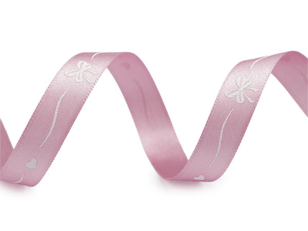 Panglică premium din satin imprimată (15 mm) - Model elegant cu fundițe și inimioare pentru activități creative, cadouri și evenimente