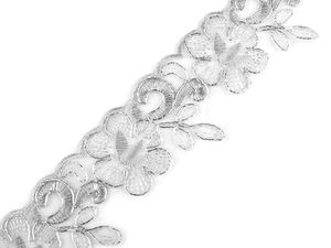 Panglică decorativă premium din organza brodată cu lurex argintiu și motive florale - lățime 58 mm