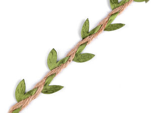 Panglică din sfoară de iută cu frunze decorative, natur (25mm x 10m) - Șnur decorativ tip ghirlandă pentru proiecte de galanterie, lucru manual, nunți și scrapbooking