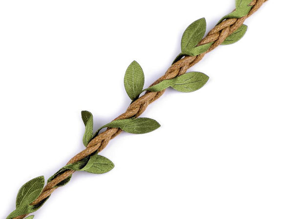 Panglică împletită din bumbac natural cu frunze (30mm) - Șnur decorativ tip ghirlandă pentru floristică, lucru manual și coronițe