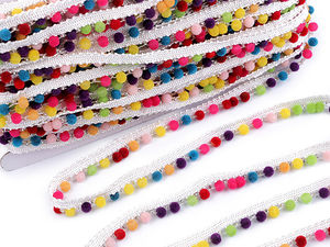 Bandă decorativă premium cu mini ciucuri și perluțe îmbrăcate în catifea (12mm) – Pasmanterie multicoloră pentru articole vestimentare, accesorii și decorațiuni interioare