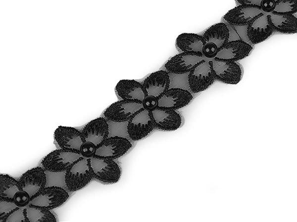 Bandă decorativă premium din dantelă florală cu perle nituite, 35 mm