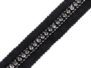 Pasmanterie premium cu strasuri și lanț metalic pentru haine - 15mm (Negru)