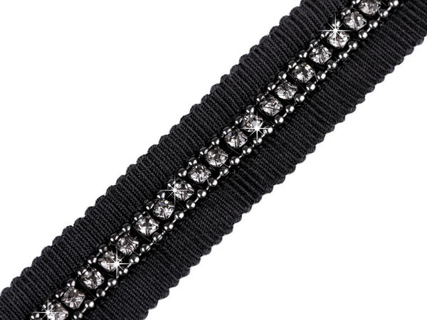 Pasmanterie premium cu strasuri și lanț metalic pentru haine - 15mm (Negru)