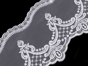 Bordură premium din dantelă brodată pe organza cu design curbat din monofilament - 12,5 cm - Alb