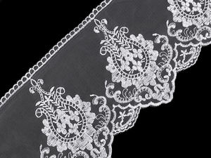 Dantelă premium albă brodată pe organza, 15 cm - Galon elegant din monofilament