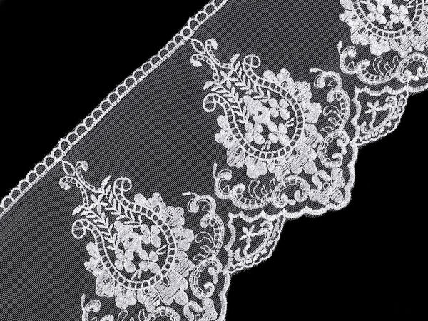 Dantelă premium albă brodată pe organza, 15 cm - Galon elegant din monofilament