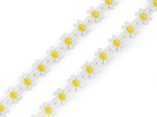 Dantelă ghipură florală galben crem deschis, lățime floare 15 mm - Panglică premium pentru îmbrăcăminte, decorațiuni interioare și lucru manual