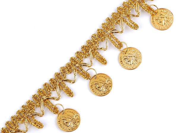Galon metalic auriu Shakira cu bănuți zornăitori - Panglică decorativă de 38 mm pentru costume, îmbrăcăminte și decorațiuni interioare