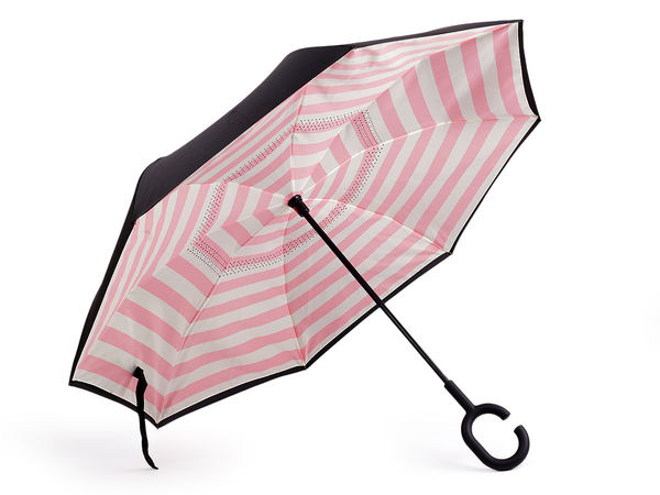 Umbrelă baston cu dungi și pliere inversă Coolbrella, mâner în formă de C - Model autoportant cu strat dublu, rezistent la vânt