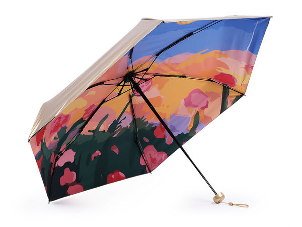 Umbrelă de damă compactă, pliabilă, cu aspect metalizat și interior decorat