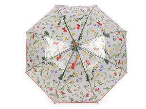 Umbrelă de damă transparentă tip baston, cu deschidere automată - Imprimeu floral cu flori de câmp