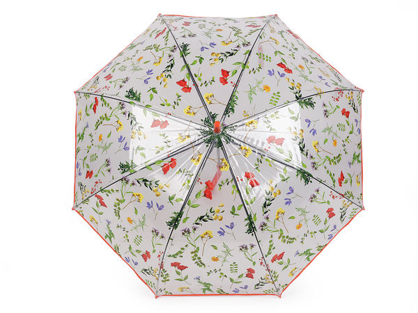 Umbrelă de damă transparentă tip baston, cu deschidere automată - Imprimeu floral cu flori de câmp