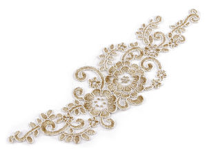 Aplicație premium din dantelă florală cu lurex metalic - Inserție brodată elegantă pentru platcă pe bază de tul (9x29 cm) pentru rochii de mireasă, ținute de seară și accesorii