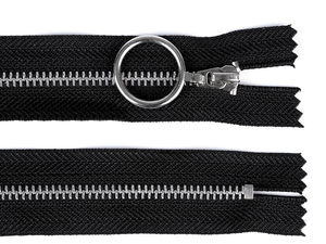 Fermoar metalic închis premium nr. 4 - 20 cm, negru cu dinți argintii și cheiță inel