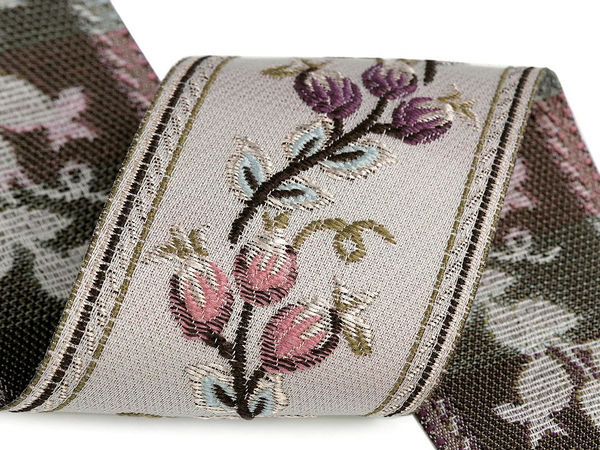 Panglică țesută Jacquard stil tapiserie 60mm – Galon decorativ cu boboci de flori pentru croitorie și decorațiuni