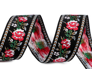Panglică neagră din jacquard țesut pentru costume populare, cu motiv trandafiri - 34mm