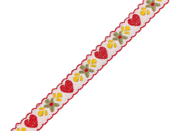 Panglică jacquard premium cu motive tradiționale - Pasmanterie decorativă cu inimi și flori, lățime 15 mm
