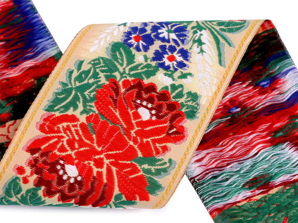 Panglică jacquard țesută cu motive tradiționale, crem - Galon din poliester cu lățimea de 70 cm pentru costume populare și decorațiuni interioare