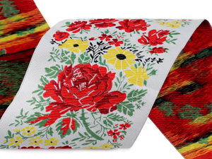 Panglică jacquard premium cu motive populare, gri-verzui, lățime 10 cm - Pasmanterie decorativă cu model pentru costume tradiționale și decorațiuni interioare