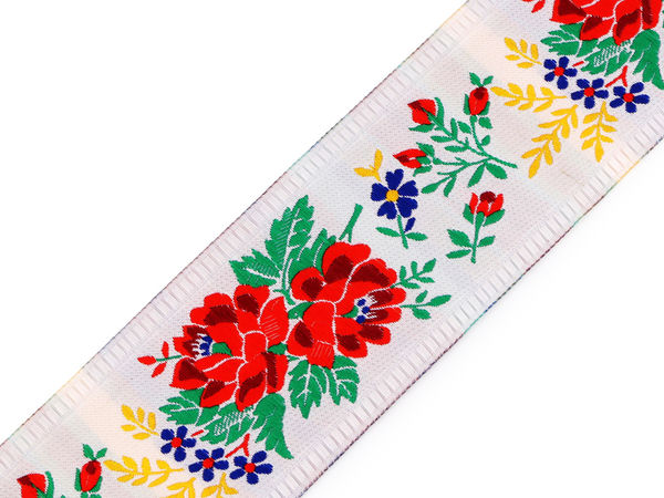 Panglică Jacquard țesută pentru costum popular - Lățime 55 mm - Alb (Calitatea a doua)
