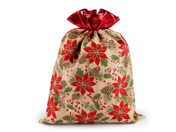 Săculeț festiv pentru cadouri de Crăciun (30x40 cm) - Săculeț din imitație de iută cu motiv de sărbători strălucitor și șnur de satin