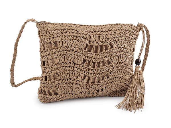 Geantă crossbody din rafie croșetată manual, stil boho, cu fermoar