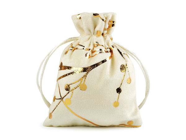 Săculeț de lux din catifea pentru cadouri, cu model elegant de crenguțe metalizate și șnururi din satin (10x13 cm)