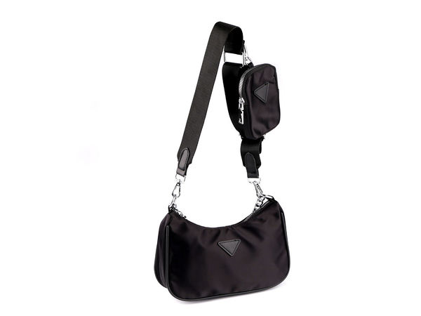 Geantă crossbody premium 2 în 1 pentru damă, din nailon, cu mini-borsetă detașabilă și lanț argintiu, Negru