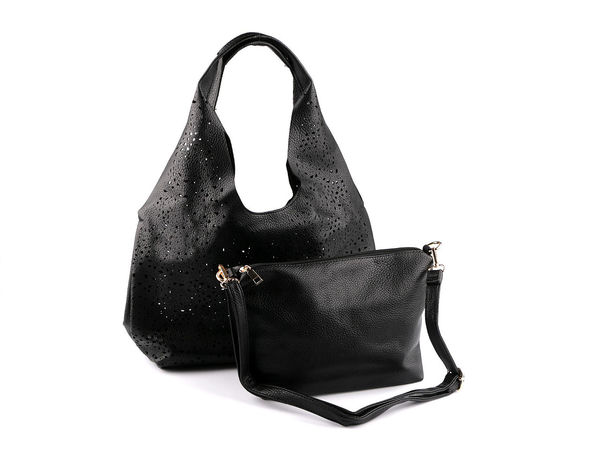 Set genți de damă 2-în-1 din piele ecologică perforată, cu design reversibil - Geantă shopper mare și poșetă crossbody
