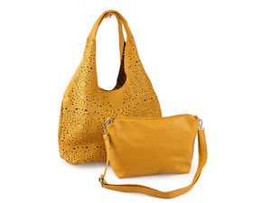 Set genți de damă 2-în-1 din piele ecologică perforată, cu design reversibil - Geantă shopper mare și poșetă crossbody