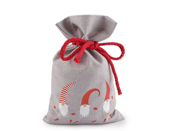 Săculeț cadou premium de Crăciun cu șnur, gri deschis - Design festiv cu spiriduș, aspect de iută, 15x25 cm