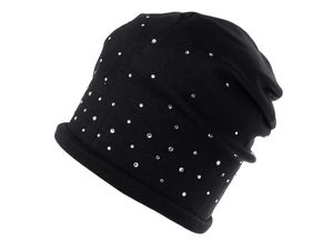 Căciulă de damă premium, tip beanie lejeră, din tricot de bumbac decorată cu strasuri
