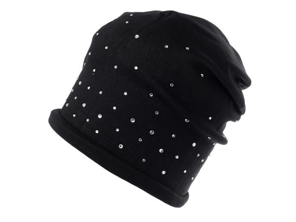 Căciulă de damă premium, tip beanie lejeră, din tricot de bumbac decorată cu strasuri