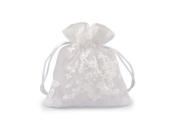 Săculeți premium pentru cadouri din organza brodată, cu șnururi din satin (10x13 cm)