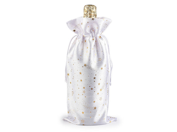 Săculeț premium pentru cadou sticle de Crăciun - Săculeț cu șnur pentru sticle de vin, imprimeu cu stele aurii metalizate (15x33 cm)
