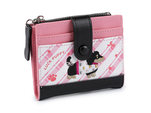 Portofel compact brodat cu teckel - Portofel mic multicompartimentat cu buzunar pentru monede cu fermoar și pandantiv în formă de os (9 x 11 cm)
