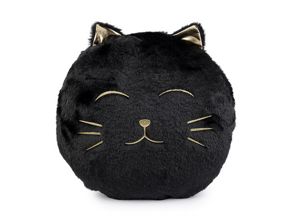 Pernă decorativă din pluș în formă de pisică - Pernă de accent rotundă de 35 cm cu broderie aurie