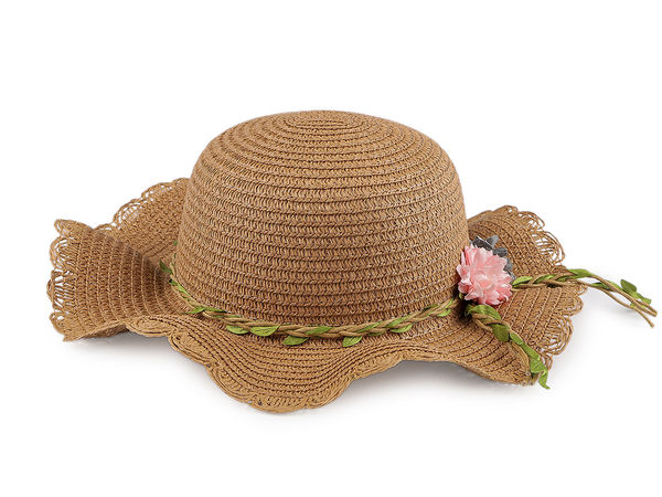 Pălărie de soare din paie de hârtie cu aplicații florale pentru fetițe - Pălărie de vară ușoară de plajă, cu boruri ondulate și baretă elastică