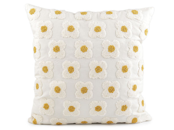 Față de pernă decorativă premium cu broderie florală 3D - Față de pernă texturată cu flori bouclé, 43x43 cm (Ecru deschis)